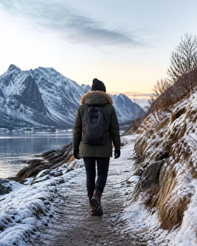 Een rustige winterwandeling over een besneeuwd pad met bergen en water op de achtergrond.
