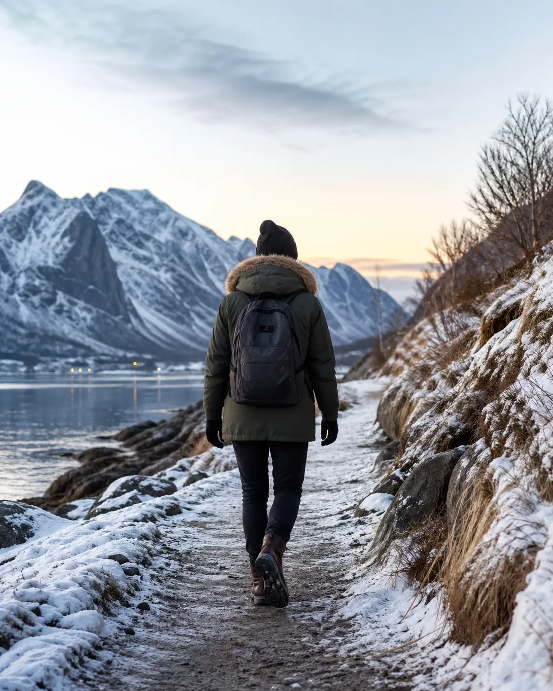 Een rustige winterwandeling over een besneeuwd pad met bergen en water op de achtergrond.