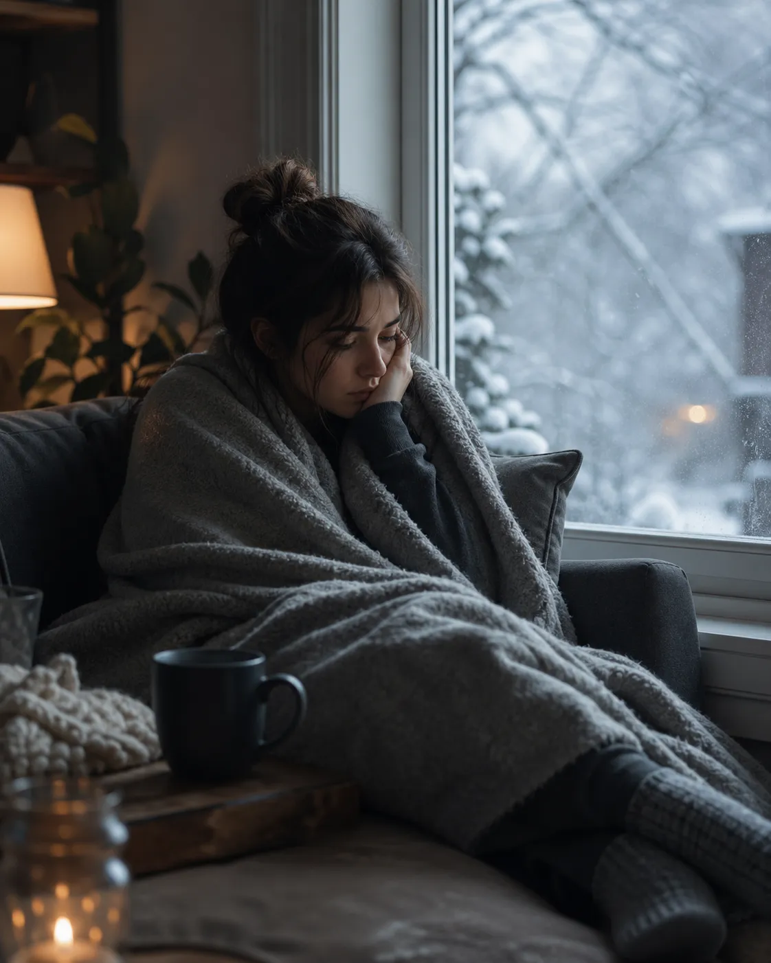 Een vermoeide vrouw zit onder een warme deken bij het raam, terwijl buiten de winterkou zichtbaar is.