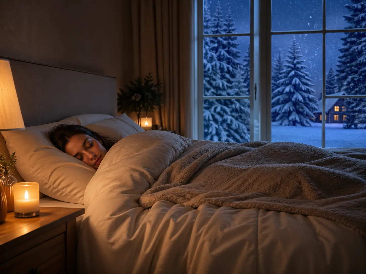 Een warme, rustige slaapkamer met zachte dekens en een winterse nacht buiten. Perfect voor een ontspannen en diepe slaap.
