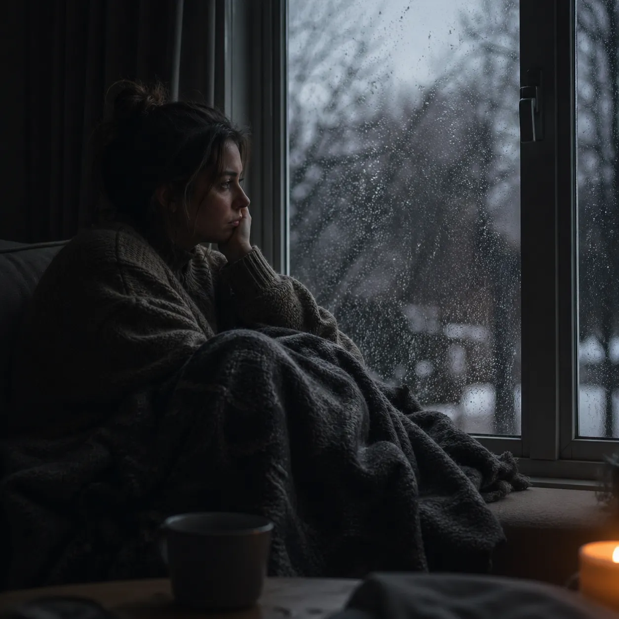 Een stil moment bij het raam op een koude, sombere dag.