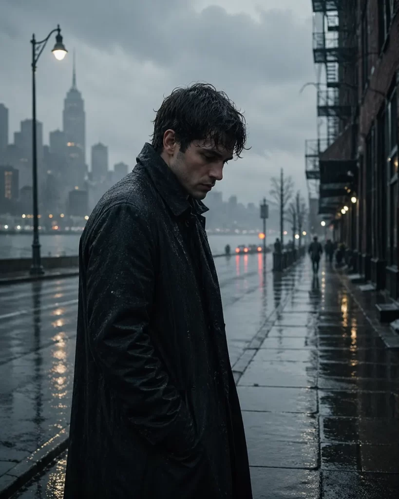 Een eenzame man loopt door de koude regen, omringd door grijze lucht en natte straten.