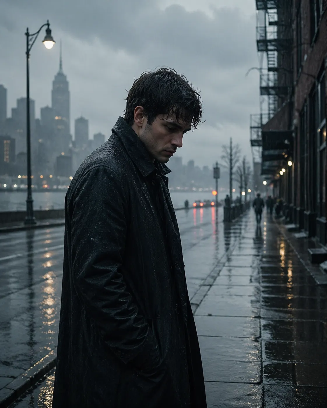 Een eenzame man loopt door de koude regen, omringd door grijze lucht en natte straten.