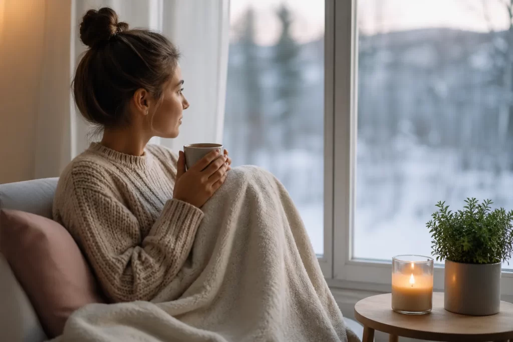 Een warm en rustig moment binnenshuis tijdens een koude winterdag.