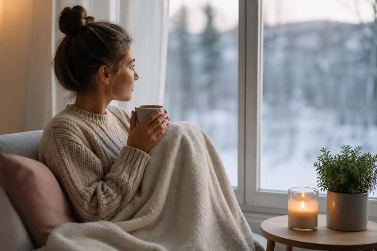 Een warm en rustig moment binnenshuis tijdens een koude winterdag.