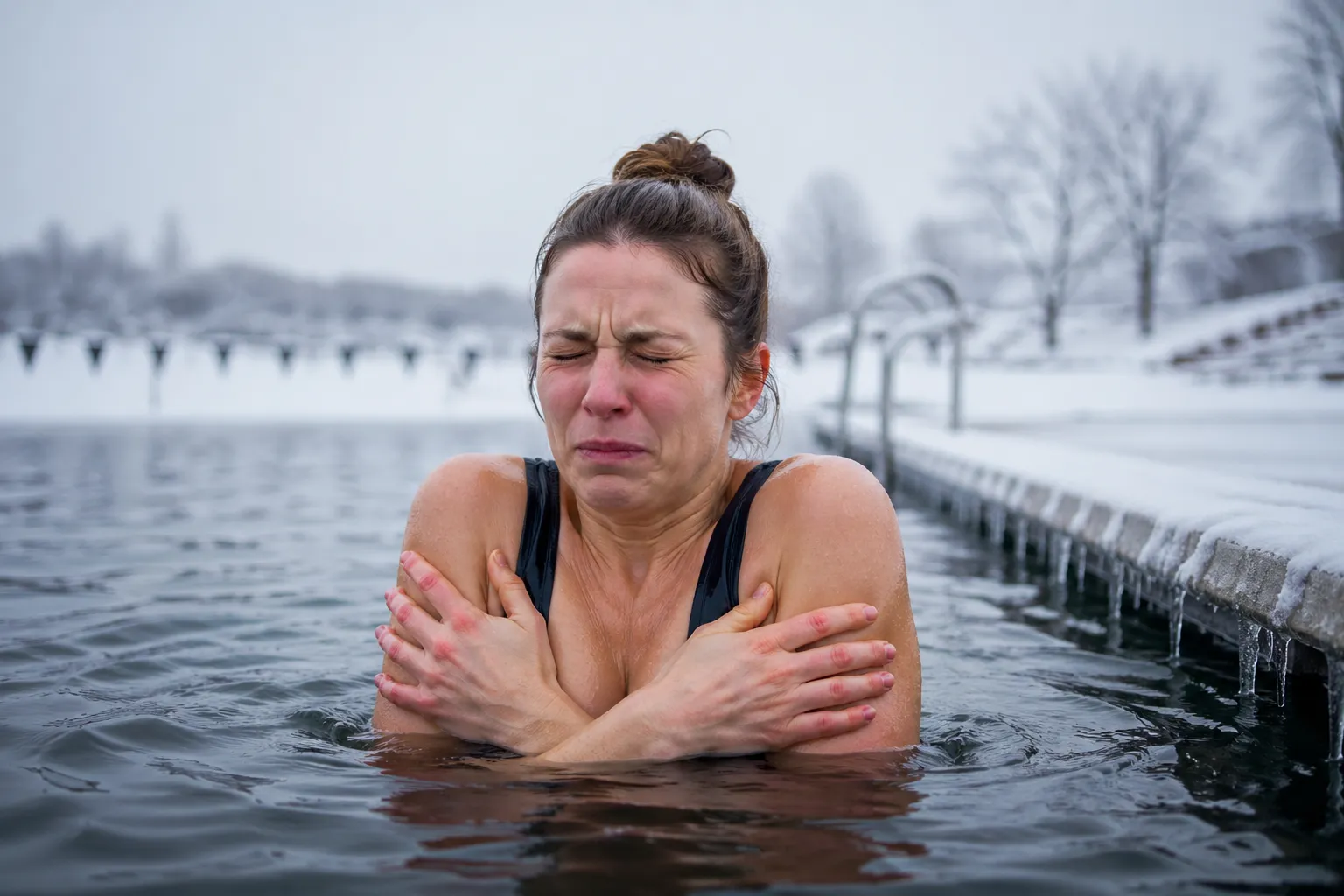 Een rustige winterse scène die somberheid, vermoeidheid en behoefte aan licht subtiel uitbeeldt.