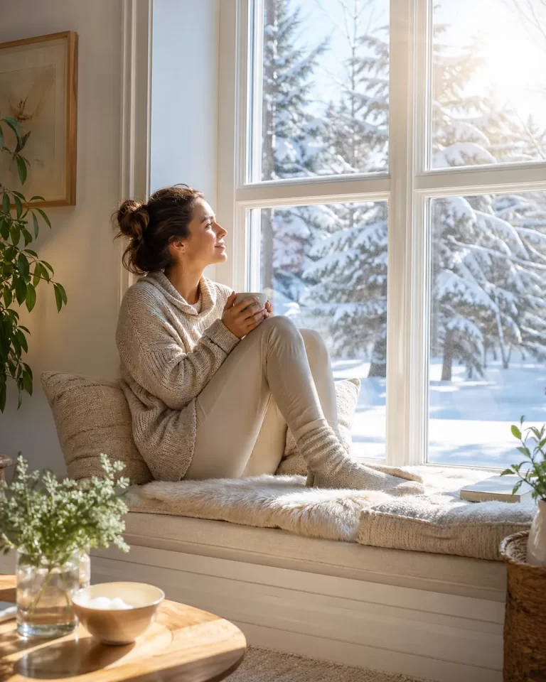 Een warme winterochtend bij het raam, vol natuurlijk licht en rust.