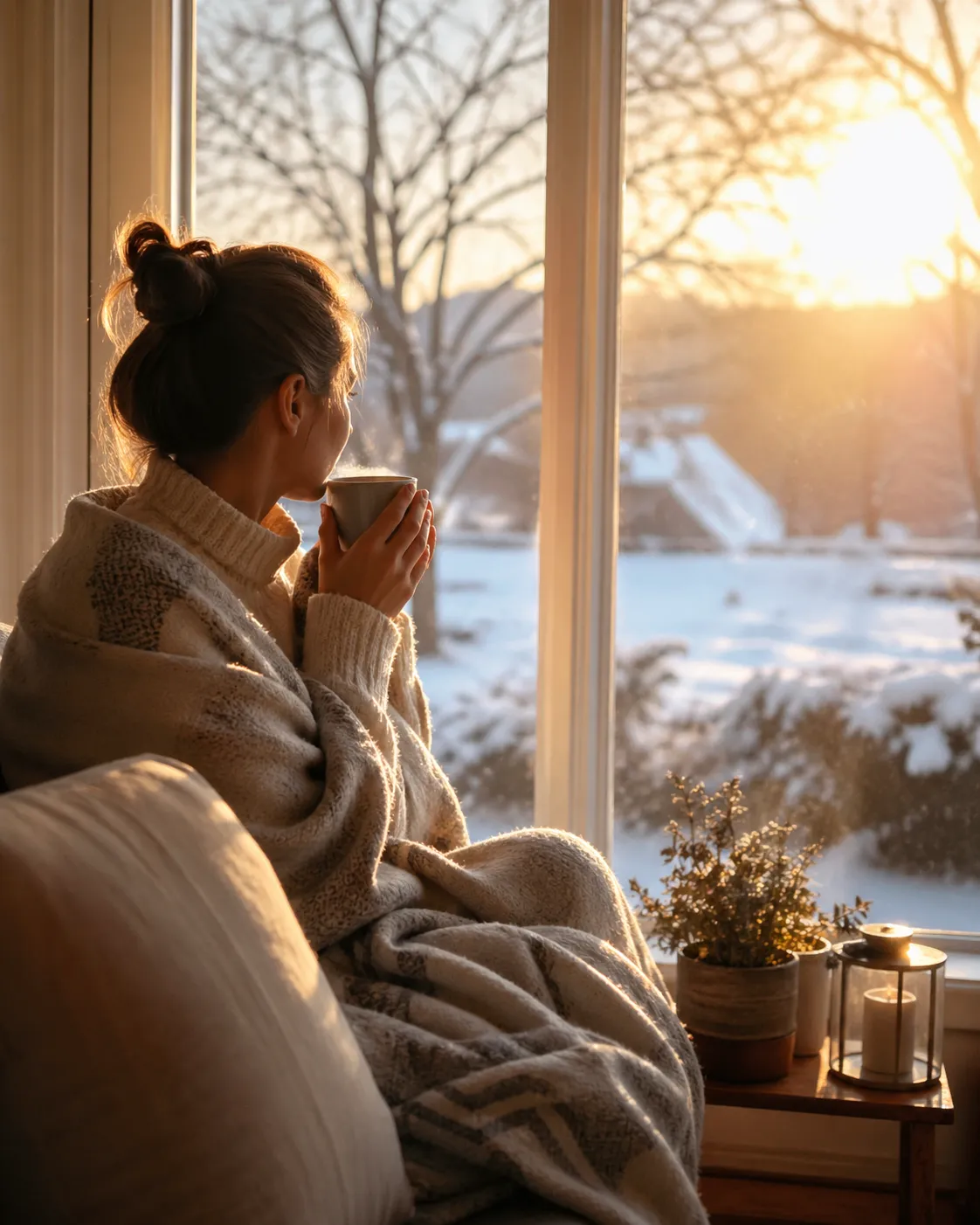 Warm winterlicht bij het raam voor een rustige, hoopvolle start van de dag.