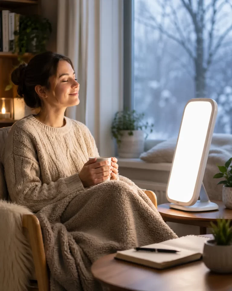 Een rustige winterochtend met een daglichtlamp die warmte en energie brengt in huis.