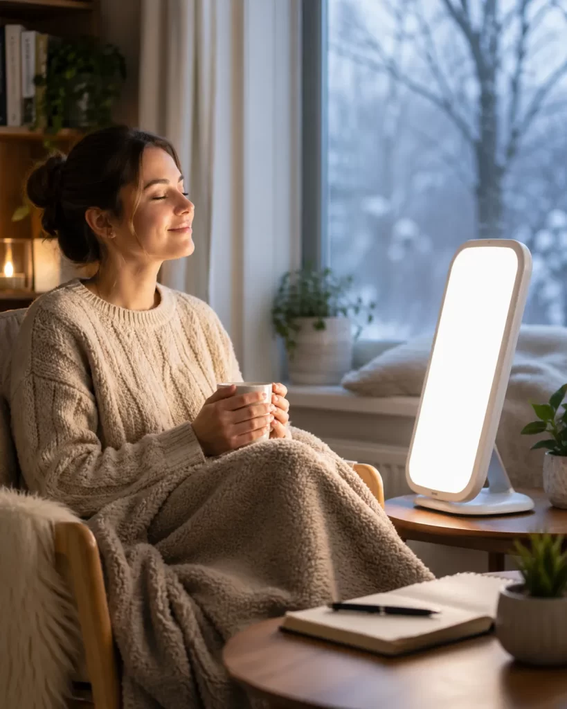 Een rustige winterochtend met een daglichtlamp die warmte en energie brengt in huis.