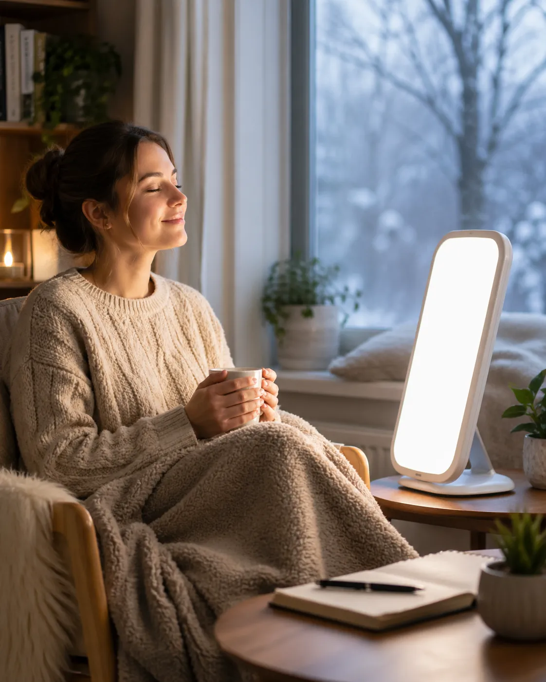 Een rustige winterochtend met een daglichtlamp die warmte en energie brengt in huis.
