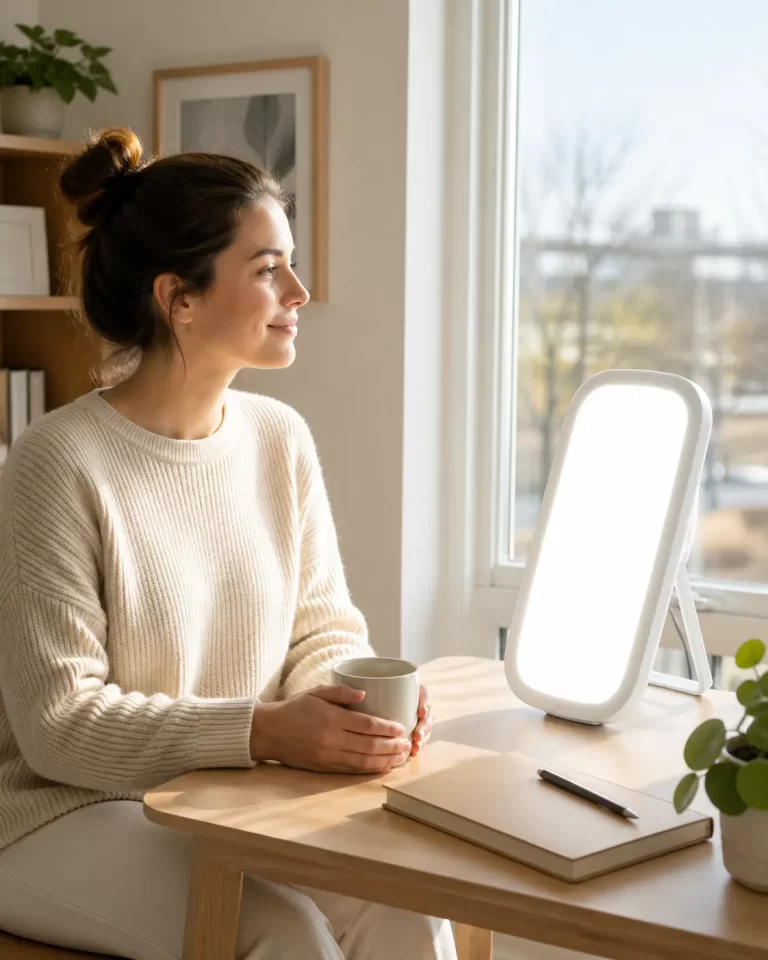 Een rustige ochtendscène waarin iemand naast een lichttherapielamp zit en ontspannen de dag begint.