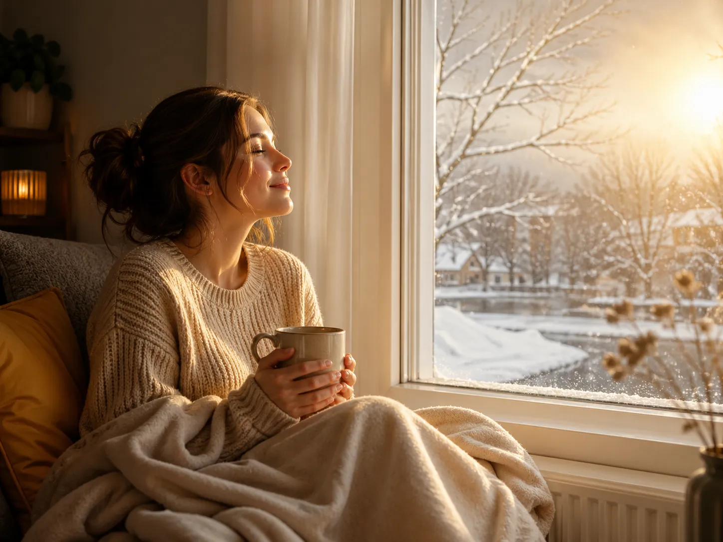 Een warm wintermoment bij het raam, waar zonlicht helpt om somberheid te verzachten en nieuwe energie te geven.