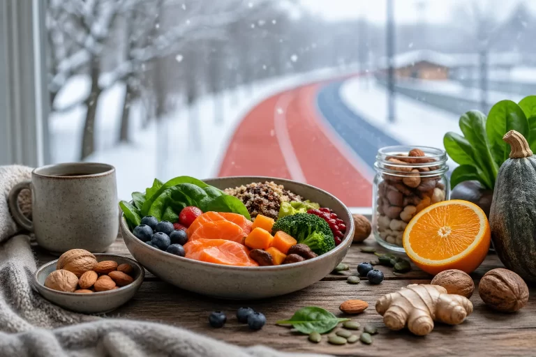 Voedzame wintermaaltijd met kleurrijke ingrediënten, daglicht en gezonde vetten voor meer energie tijdens donkere dagen.