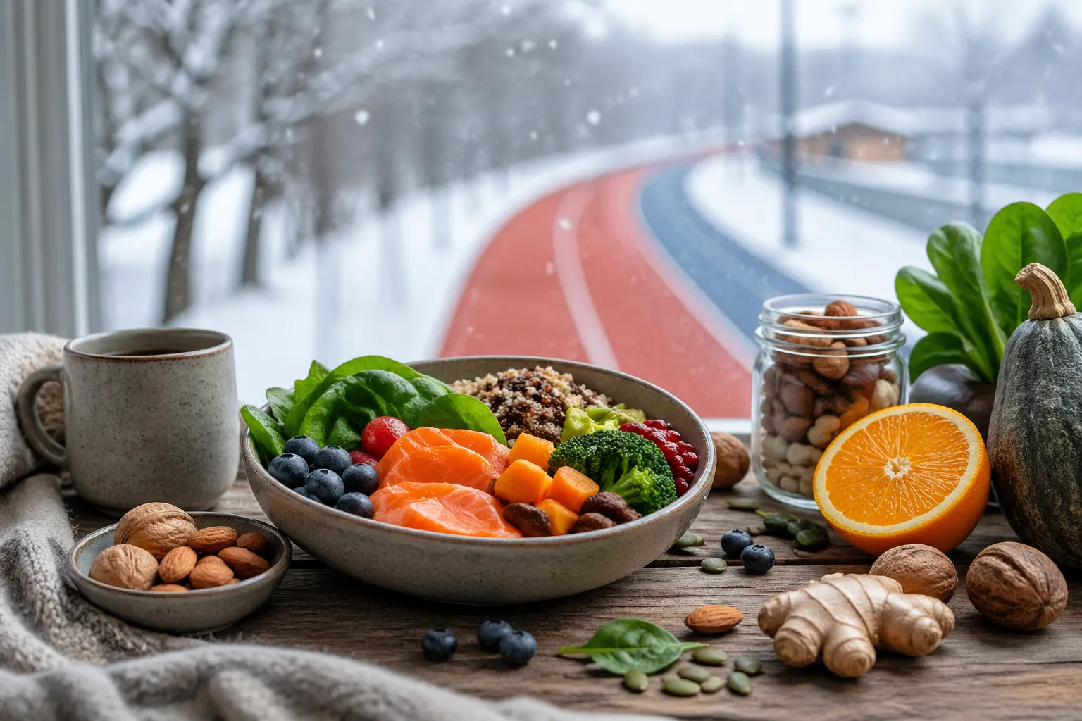 Voedzame wintermaaltijd met kleurrijke ingrediënten, daglicht en gezonde vetten voor meer energie tijdens donkere dagen.