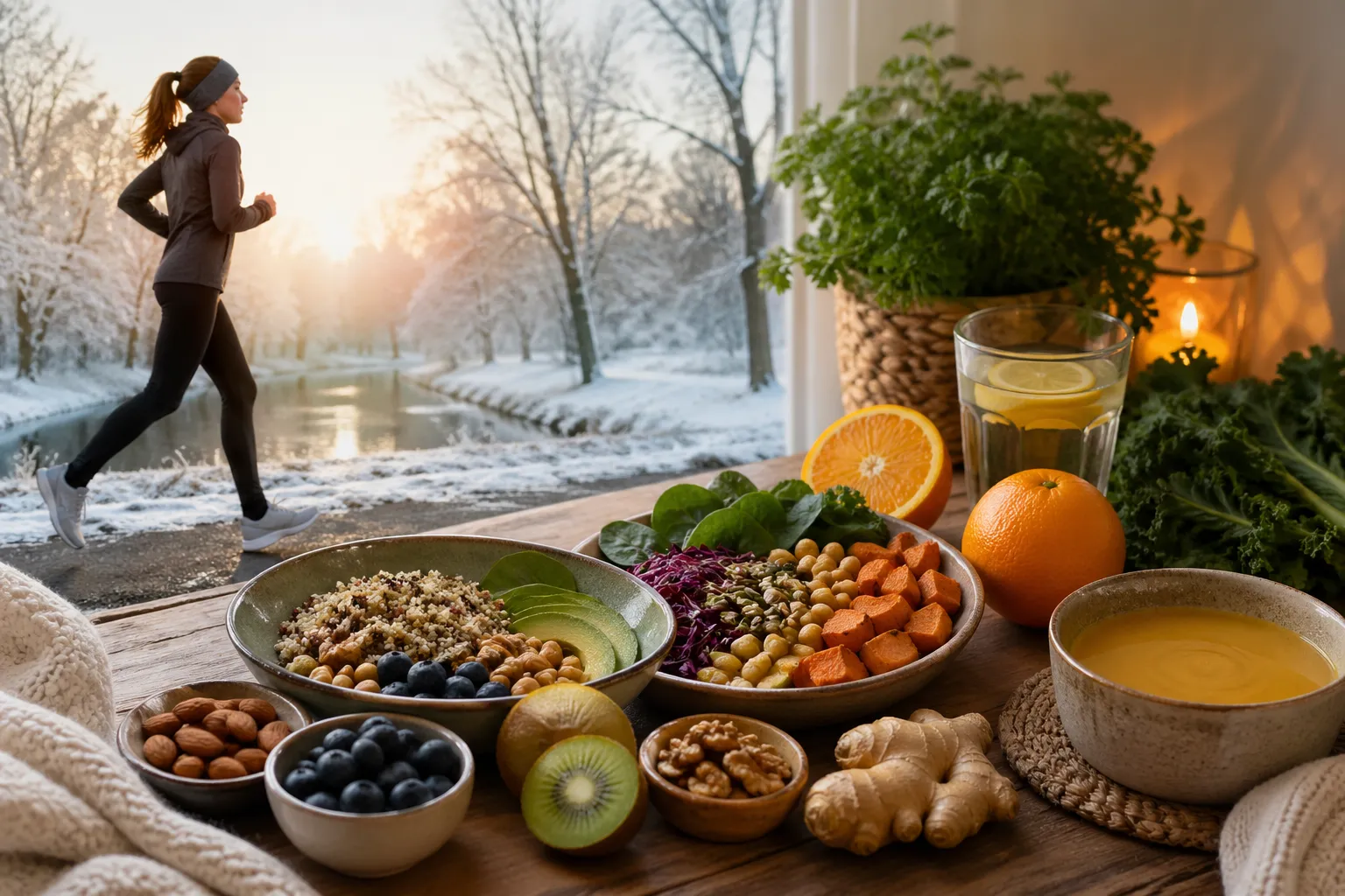 Gezonde winterse voeding met fruit, groenten, zalm, noten en warme thee voor meer energie tijdens koude dagen.