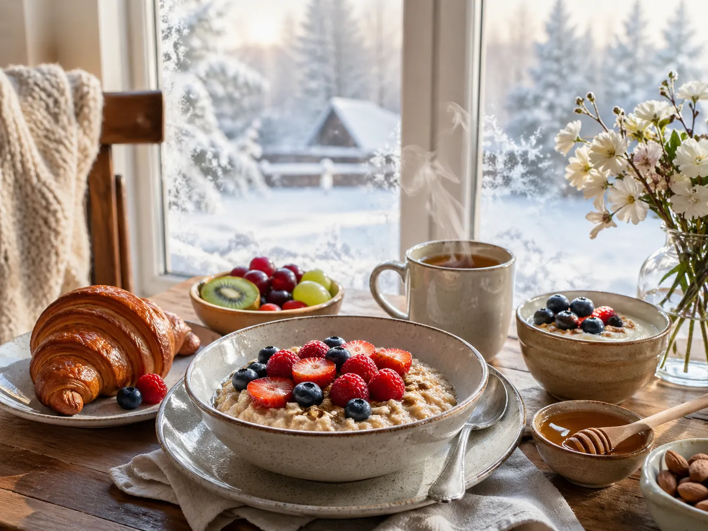 Warm winterontbijt met havermout, fruit en thee bij een besneeuwd raam.