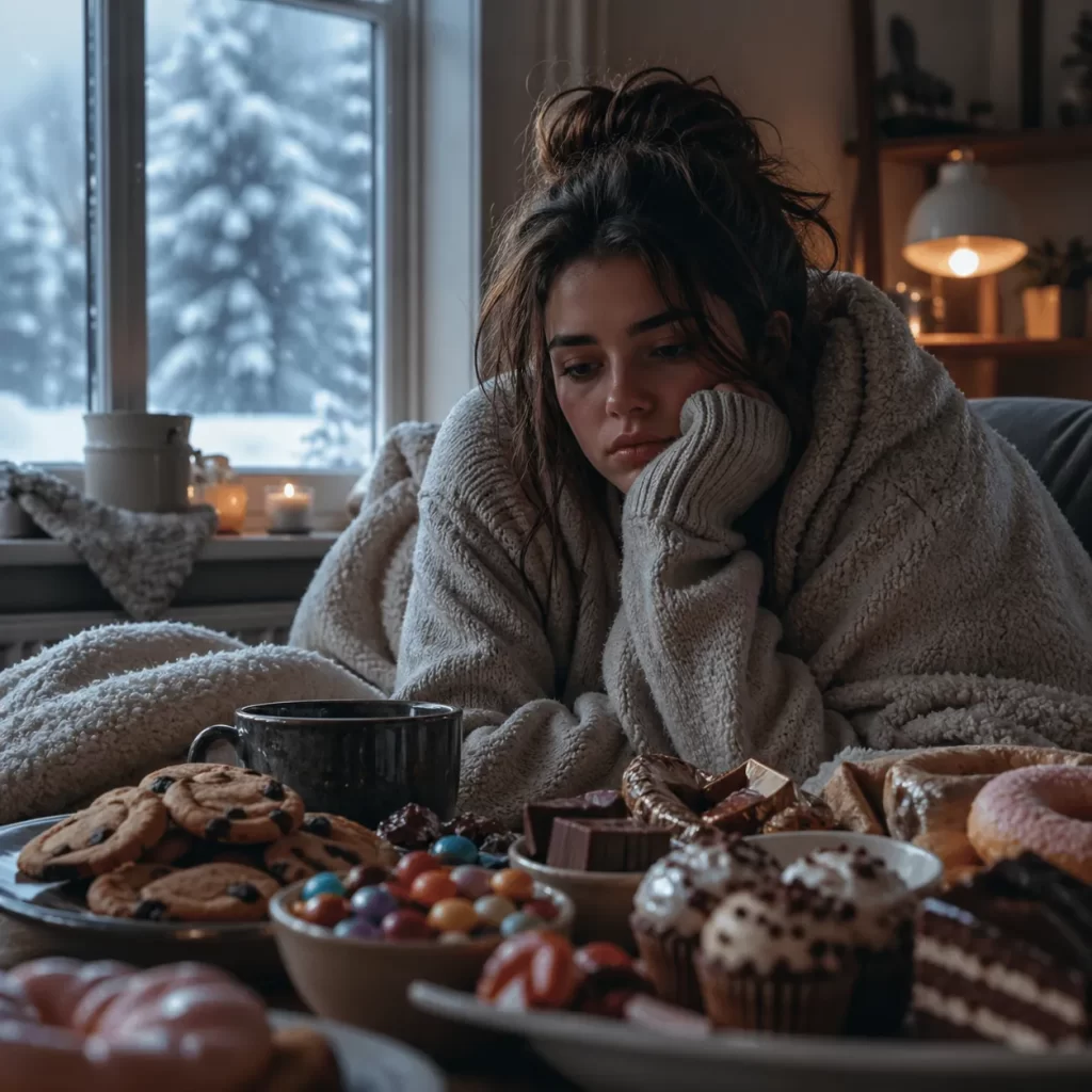 Een sombere winterdag met zoete verleidingen, waarbij comfort en cravings samenkomen.