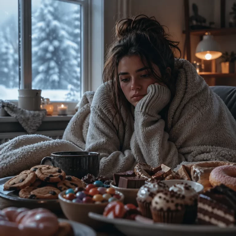 Een sombere winterdag met zoete verleidingen, waarbij comfort en cravings samenkomen.