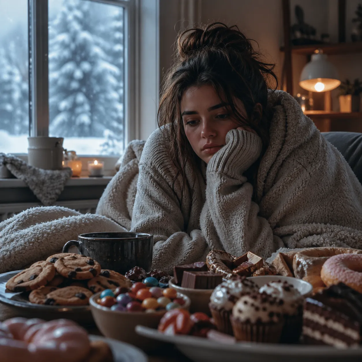 Een sombere winterdag met zoete verleidingen, waarbij comfort en cravings samenkomen.