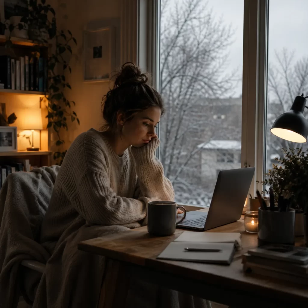 Een sfeervol winters thuiskantoor met een vermoeide thuiswerker bij het raam.