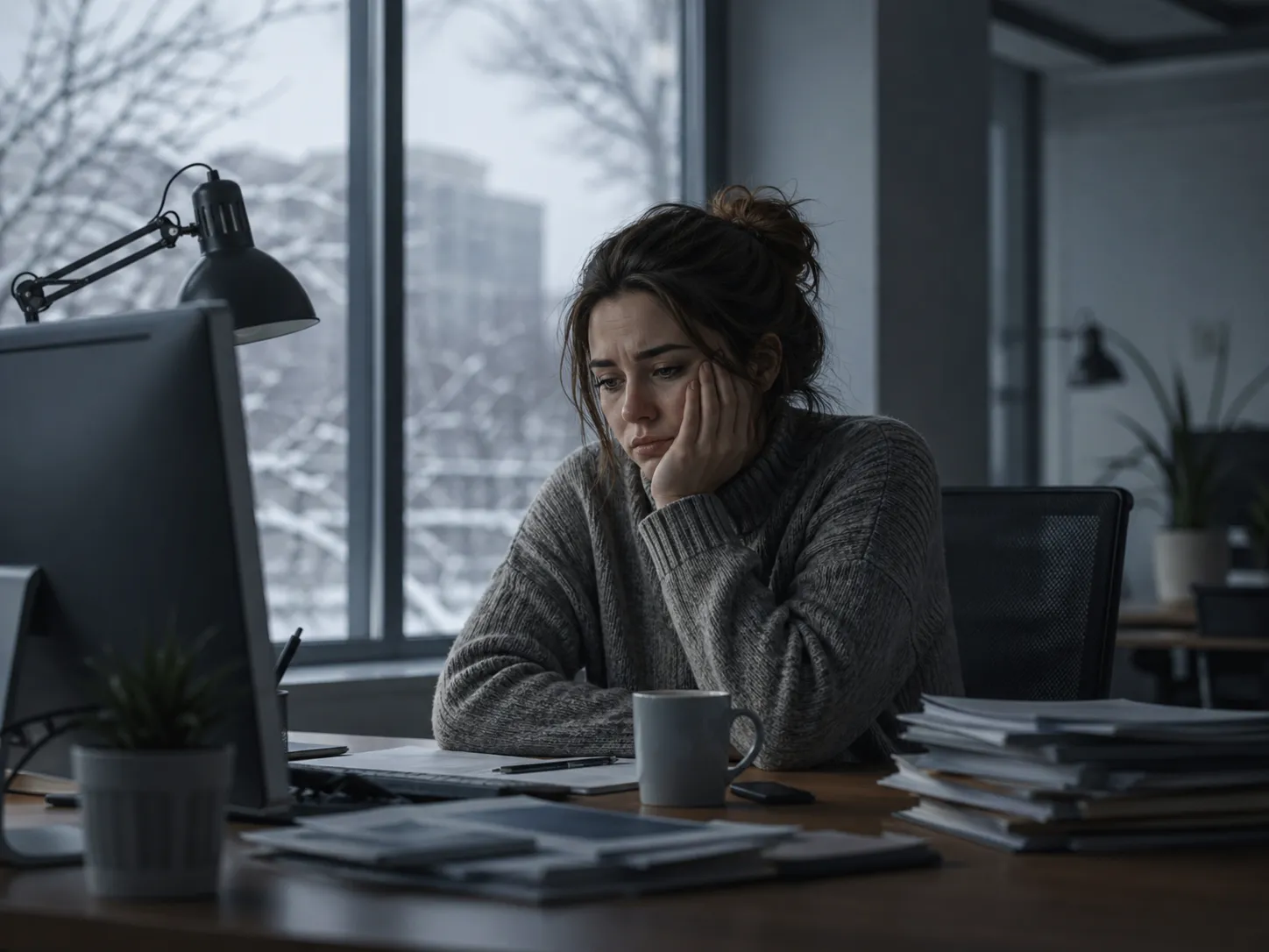 Een sombere winterdag op kantoor, met een vermoeide medewerker die moeite heeft om gemotiveerd te blijven.