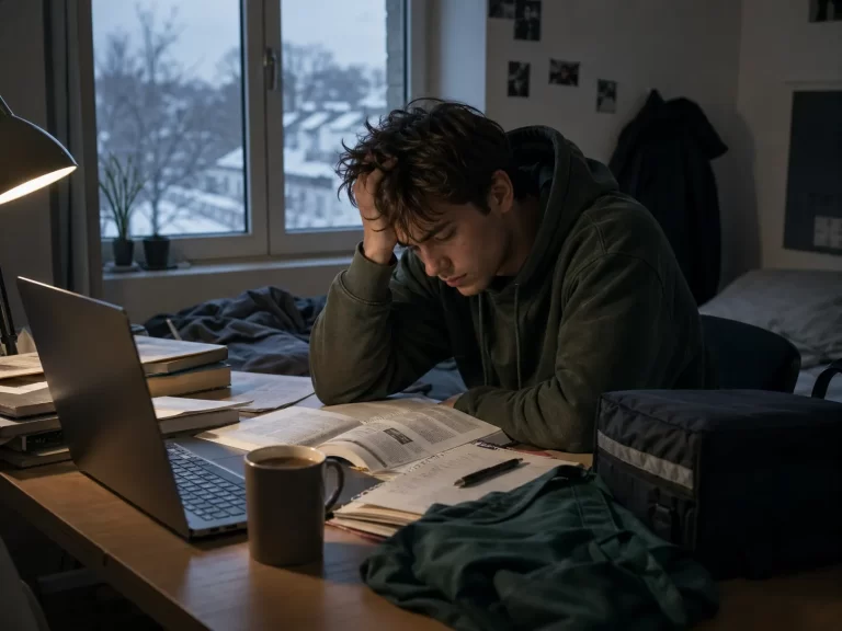 Een vermoeide student probeert in de winter zijn studie te combineren met een bijbaan.