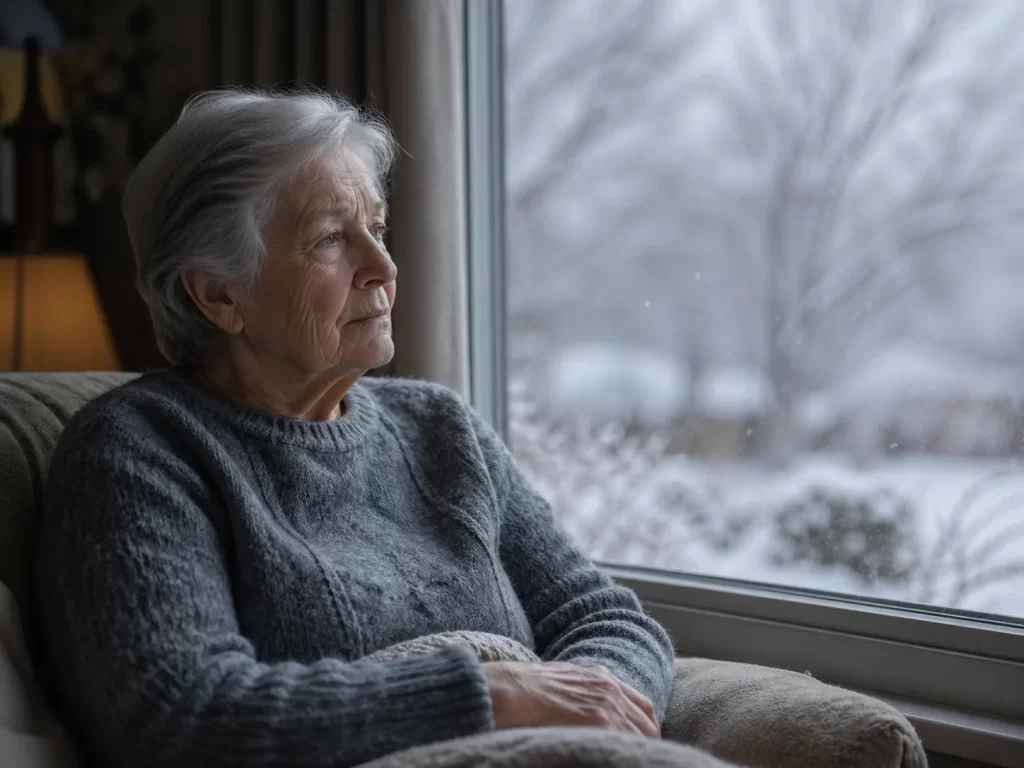 Een oudere vrouw kijkt stil uit het raam naar een koude winterdag, omringd door een rustige en melancholische sfeer.