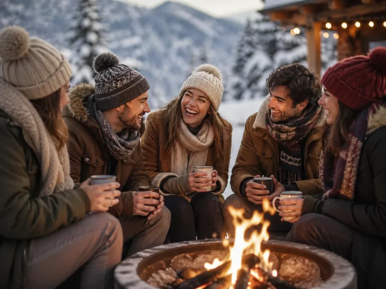Vrienden genieten samen van warmte, gezelligheid en verbinding in een winterse omgeving.