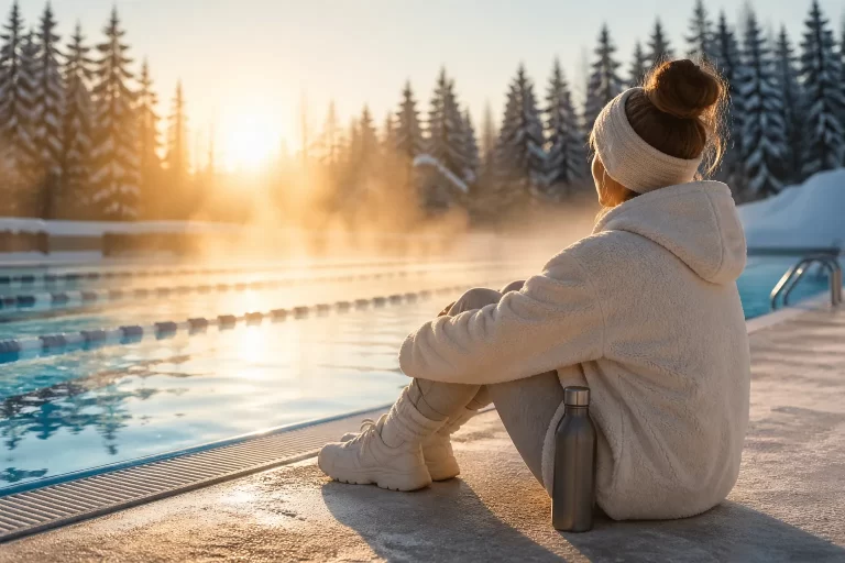 Een rustige ochtend aan het zwembad met frisse winterlucht, zachte zon en een moment om nieuwe energie op te doen.