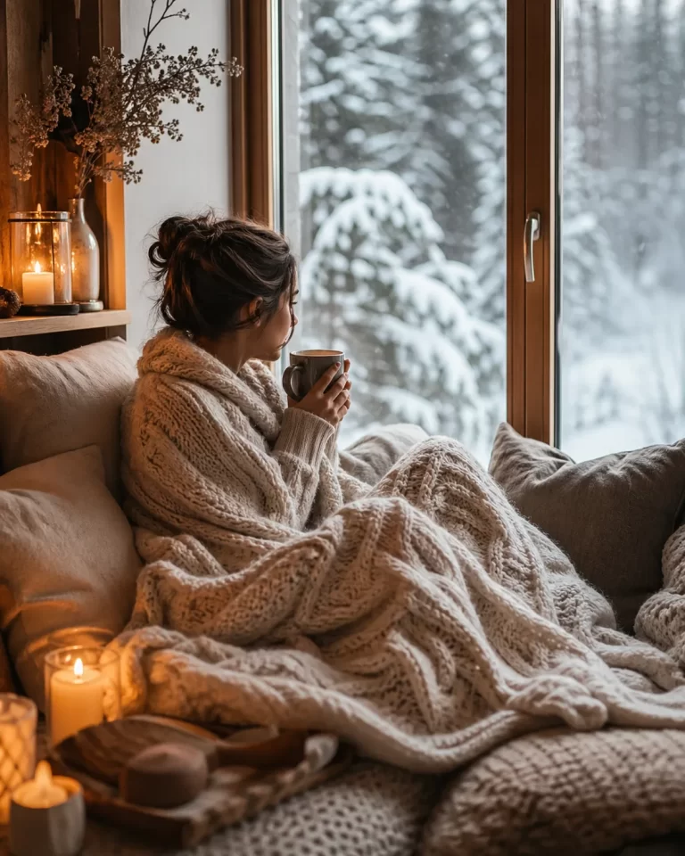 Een warme, rustige winterochtend met een kop thee, zachte dekens en uitzicht op sneeuw.